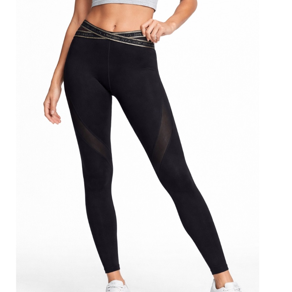VICTORIAS SECRET On Point Black & Gold Metallic Logo Waistband Leggings  L